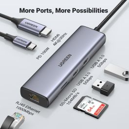 Ugreen USB-C Hub 6 en 1 con 2 USB 3.0, HDMI 4K, Gigabit Ethernet RJ45, Lector SD/TF y Carga PD