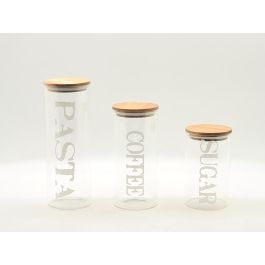 DKD Home Decor Bote Basicos Set de 3 - Borosilicato y Acacia, Capacidad 1.8L, Transparente y Natural, 10.5x27.7x10.5 cm