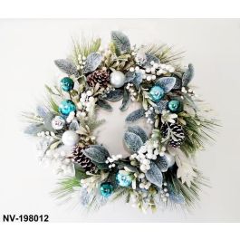 DKD Home Decor Corona Navidad Moderna Azul, Verde, Plateado, Blanco de PVC y Ratán 60 x 12 x 60 cm