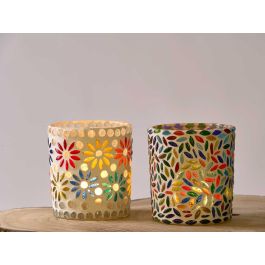 Giftdecor Portavelas Redondo Flores Surtidos de Vidrio Multicolor 8x9.5x8 cm (24 Unidades)