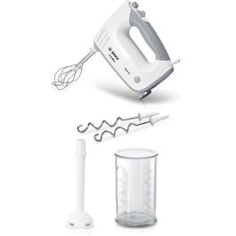 Bosch MFQ36440 Batidora de Mano 450W, 5 velocidades, 2 batidores y 2 ganchos amasadores acero inoxidable, bol graduado con tapa, Blanco/Gris