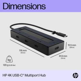 HP 6G843AA Docking USB Tipo-C, Concentrador Multipuerto 4K, 4 Puertos USB-C (PD 65W, Video), Multi-SO, Negro/Azul.