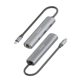 AISENS Dock USB-C a Ethernet Gigabit + 1xUSB-C + 2xUSB-A, Gris, Conector USB 3.1 Gen1, RTL8153B