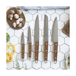 LIVOO MEC129 Juego de 5 Cuchillos Chef, Pan, Cocina, Rebanador y Mondador - Acero Inoxidable, Mango de Haya