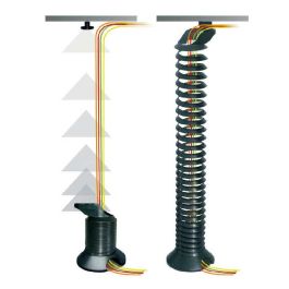 CAMAR Pasacable Gusy flexible para gestión de cables en mesas de oficina, fabricado en plástico ABS gris RAL 9006, con muelle extensible para diversas alturas.