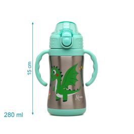 KioKids Botella Termo Infantil +6 meses Acero Inoxidable Antiderrame con Asas y Pajita Sin BPA Dragón Verde 280 ml