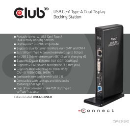 Club3D Docking Station USB 3.2 Gen 1 Dual Display HDMI DVI 4x USB 2.0 2x USB 3.2 Gen 1 Gigabit Ethernet Negro