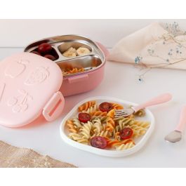 KioKids Caja Almuerzo Cuadrado Acero Inoxidable Hermética 3 Compartimentos con Cubiertos y Plato 450ml Rosa Apto Lavavajillas +4 meses KioKids Caja Almuerzo Cuadrado Acero Inoxidable Hermética 3 Compartimentos con Cubiertos y Plato 450ml Rosa Apto Lavavajillas +4 meses