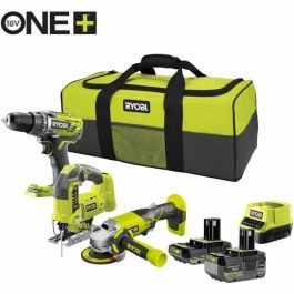 Ryobi RYO4058546562878 Kit 3 Herramientas: Taladro Brushless, Amoladora 115mm, Sierra Calar, 2 Baterías (4/2Ah), Cargador y Bolsa