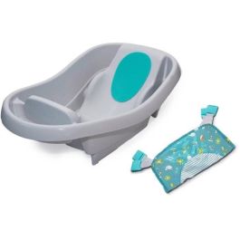 INGENUITY Bañera para bebé, muy cómoda, extra grande con portabebés de tela suave, cojines de asiento, estante, hasta 24 meses