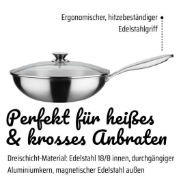 GSW Wok Pro con Tapa Ø 32 cm Acero Inoxidable Fondo 3 Capas Apto Inducción