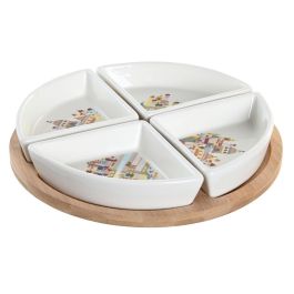 DKD Home Decor Set de 5 Platos para Aperitivo Mediterraneo, Gres y Bambú, Multicolor Natural, 21.5x21.5cm, Colección Blue Red Bird