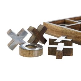 DKD Home Decor Juego de Mesa Tic Tac Toe Colonial de Mango y Metal Natural Plateado, 18x18x4 cm - Set de 2 Piezas