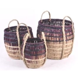 DKD Home Decor Cesta Tropical Hecha a Mano de Seagrass, Set de 3 Cestas Lila y Natural 39x39x41 cm, Ideal para Decoración y Almacenaje