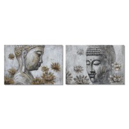 DKD Home Decor Cuadro Oriental Buda Pintado a Mano Lienzo Pino Gris 120x80x2.8 cm (2 Unidades)