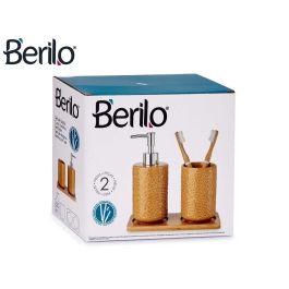 Berilo Set Baño Cerámica 2 Piezas Camel Cuadrado con Bandeja, Gres, Plástico ABS/PP, Bambú, 9x18.5x20 cm (Set de 6)
