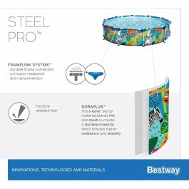 Bestway Piscina elevada Steel Pro 305x66 cm, redonda con diseño animal, estructura metal anticorrosión, 4.062 L, PVC 3 capas