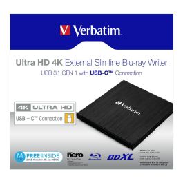 Verbatim 43888 Grabadora Blu-ray Externa Slimline USB 3.1 Tipo C, 4K, Color Negro