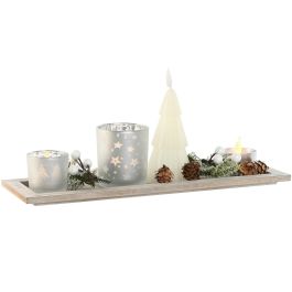DKD Home Decor Portavela Navidad Moderna de Cristal Madera con Vela LED Blanco Plateado, Set 5 Piezas, 39x9x13.5 cm