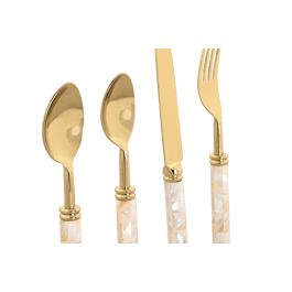 DKD Home Decor Cubertería Moderna de Acero Inoxidable y Nácar Blanco y Dorado, 16 Piezas