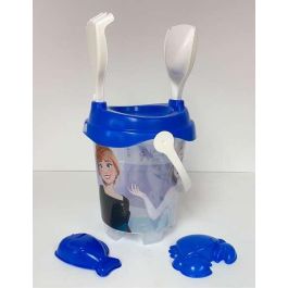 Frozen Cubo de Playa Castillo Transparente con Cedazo, Pala, Rastrillo y Moldes para Niños a Partir de 3 Años