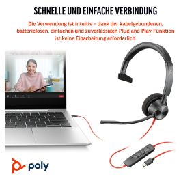 Poly Blackwire 3310 Auricular USB-A Monoauricular con Micrófono con Cancelación de Ruido Certificado para Microsoft y UC Negro