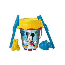 Cubo playa castillo mickey con cedazo, pala rastrillo y moldes 18 cm