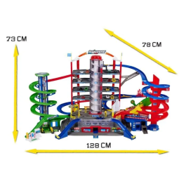 Majorette Garaje Super City de 2 Niveles con Luces y Sonidos, Incluye 6 Vehículos Metálicos y 1 Tren, 128 x 78 x 73 cm