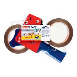 Tesa Portarrollo de embalaje con mango rígido para cinta de 66m x 50mm, incluye 2 rollos de cinta marrón
