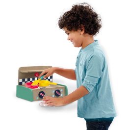 Ses SES8710341180089 Kit de juegos de cocina Su creatividad: cocina de madera, estufa, sartén, espátula, botella de aceite y 6 productos - 3 años