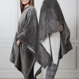 Home Deco Factory Manta-Poncho Gris con Borreguito y Bolsillo Delantero Talla Única 130x170 cm