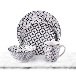 Interne Alpina Vajilla de Cerámica Estampada 16 Piezas: 4 Platos, 4 Postre, 4 Bols, 4 Tazas. Colores Surtidos.