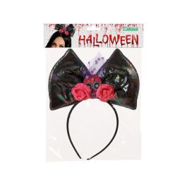 Diadema Con Moño Negro Y Calavera Rosas Fucsias Para Muerte Dulce Halloween Catrina Bruja