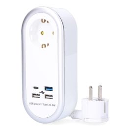 Edm Prolongador con 1 Toma Schuko, 4 USB (3 Tipo A + 1 Tipo C), 1.5m Cable H05VV-F 3G1.5mm², 16A, Blanco