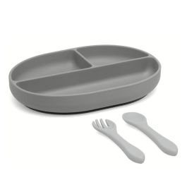 Set De Cubiertos Y Bandeja Blw En Silicona Con Divisiones Y Ventosa Gris Set De Cubiertos Y Bandeja Blw En Silicona Con Divisiones Y Ventosa Gris