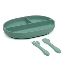 Set De Cubiertos Y Bandeja Blw En Silicona Con Divisiones Y Ventosa Salvia Set De Cubiertos Y Bandeja Blw En Silicona Con Divisiones Y Ventosa Salvia