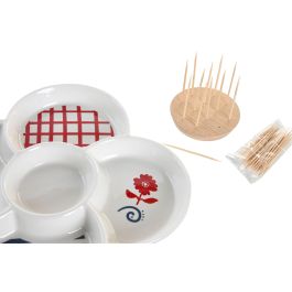 DKD Home Decor Plato Aperitivo Casita Mediterránea Azul, Rojo y Blanco de Gres y Bambú 22x22x7 cm Apto Lavavajillas