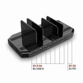 Lindy Estación de Carga USB 120W 10 Puertos (8x USB-A, 2x USB-C) para Smartphones y Tablets con Carga Inteligente y Divisores