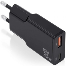 Cargador GaN de Pared Aisens ASCH-30W2P047-BK/ 1xUSB Tipo-C/ 1xUSB/ 30W/ Negro