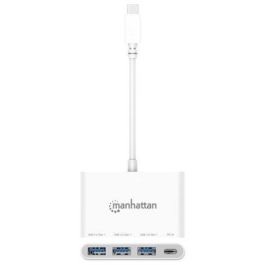 MANHATTAN 168434 Hub USB 3.0 Tipo-C con PD (100W), 3 Puertos USB-A, 5 Gbps, Color Blanco para Windows/Mac/Linux