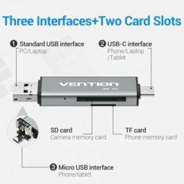 Vention CCJH0 Lector de Tarjetas Externo USB 2.0/USB-C/Micro USB Multitarjeta TF/SD 256GB Carcasa Aleación Aluminio Gris