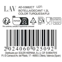 LAV Botella de Agua 1.2 Litros Color Turquesa/Fiji, 6.8 cm de diámetro por 25 cm de altura, 408 gramos (12 Unidades)