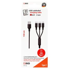 2GO Cable 3 en 1 USB de Carga y Datos con Conector USB B a Triple USB Tipo C, Forro de Nylon, 1.5 Metros, Negro