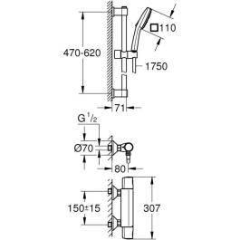 Grohe 34237003 Set de Ducha con Mezclador Termostático, Rociador 3 Chorros, Barra 60cm, Flexo y Acabado Cromo