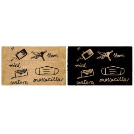 DKD Home Decor Felpudo Basicos Fibra Coco y PVC Marrón Claro Negro 60x40x1.5 cm Motivos Llaves y Mascarilla Pack 6 Unidades