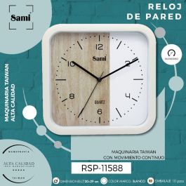 SAMI Reloj de Pared Cuadrado Blanco, Esfera de Madera y Blanco