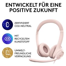 Logitech H390 Auriculares con Micrófono con Cancelación de Ruido, USB-A, Supraaurales, Diadema, Color Rosa