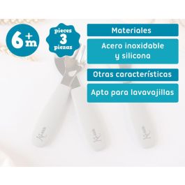 KioKids Set Cubiertos Infantiles Acero Inoxidable y Silicona, Mangos Antideslizantes, Bordes Redondeados, Lavavajillas, Gris, +6 meses, 14 cm