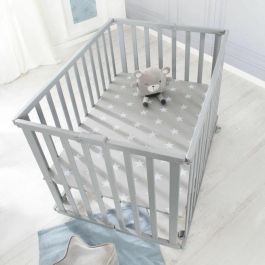 Roba ROB4005317315416 Parque infantil plegable Little Stars 75x100 cm Altura regulable Madera lacada gris topo con estrellas y ruedas freno