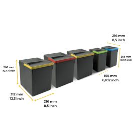 Emuca Contenedores para cajón de cocina Recycle con tapa anti olores, Altura 266, 3x15litros, 2x7litros, Plástico gris antracita